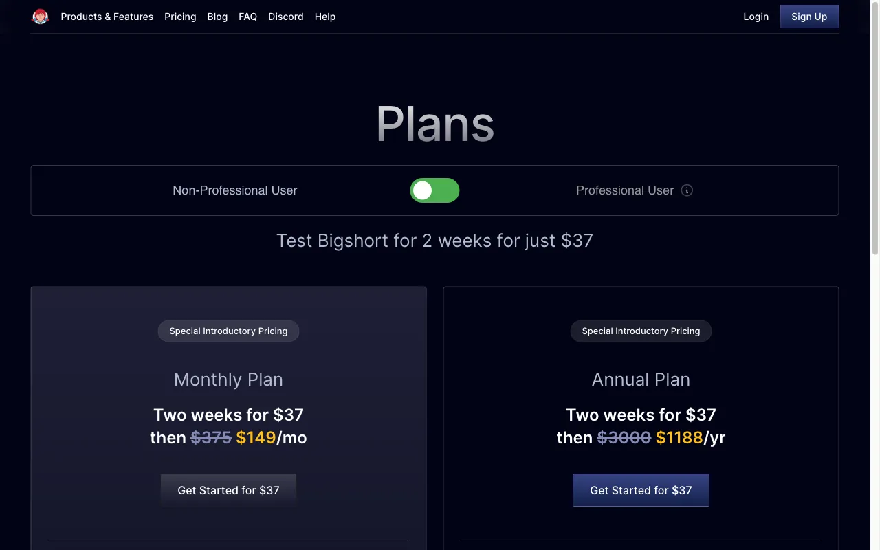 BigShort — pricing page
