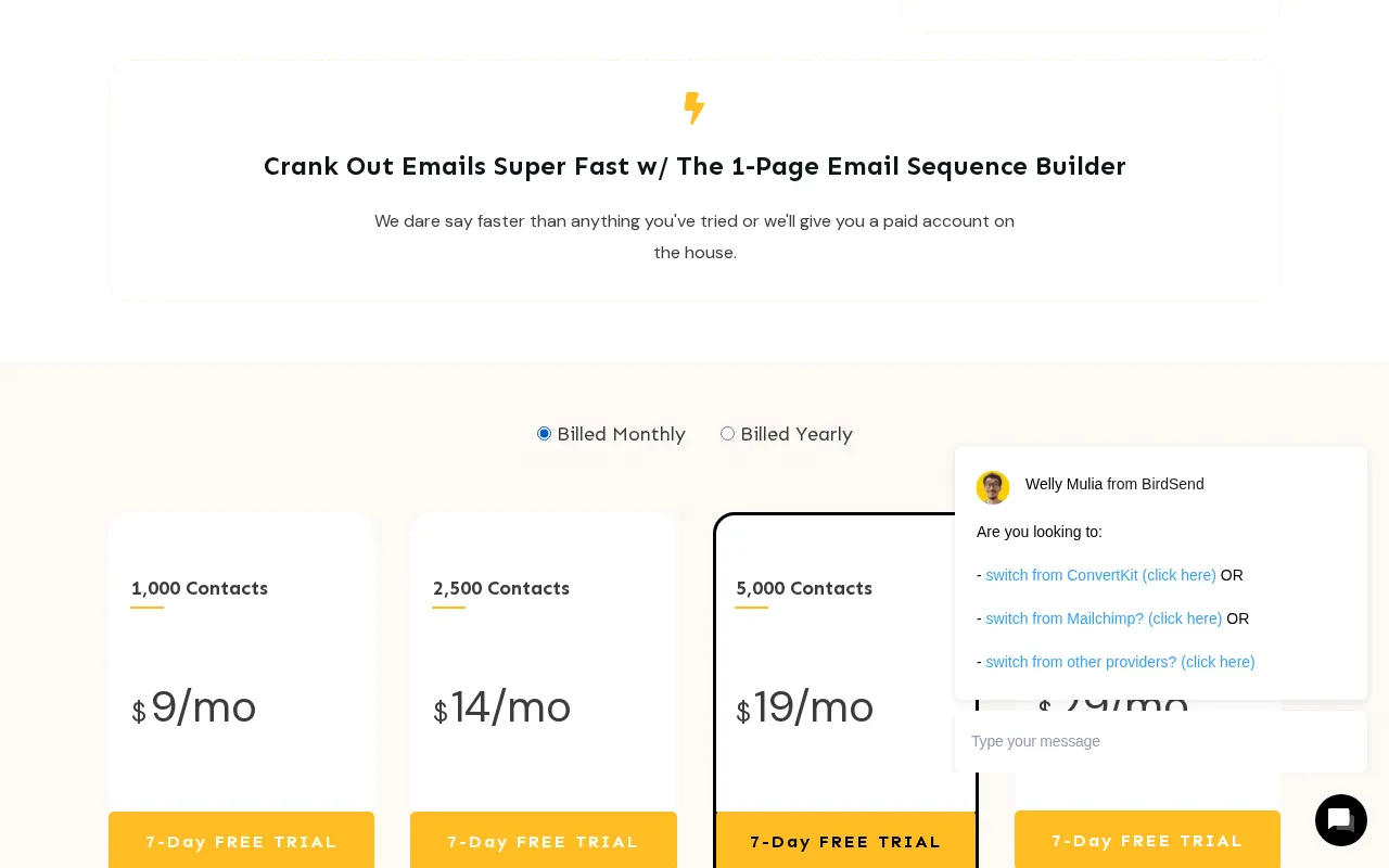 Birdsend — pricing page