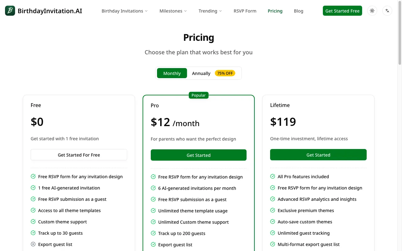 BirthdayInvitation.AI — pricing page