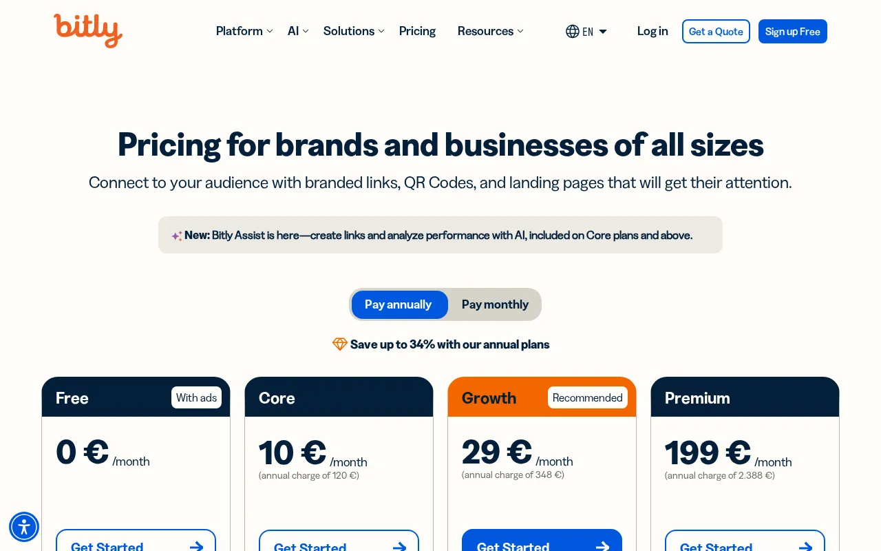 Bitly — pricing page