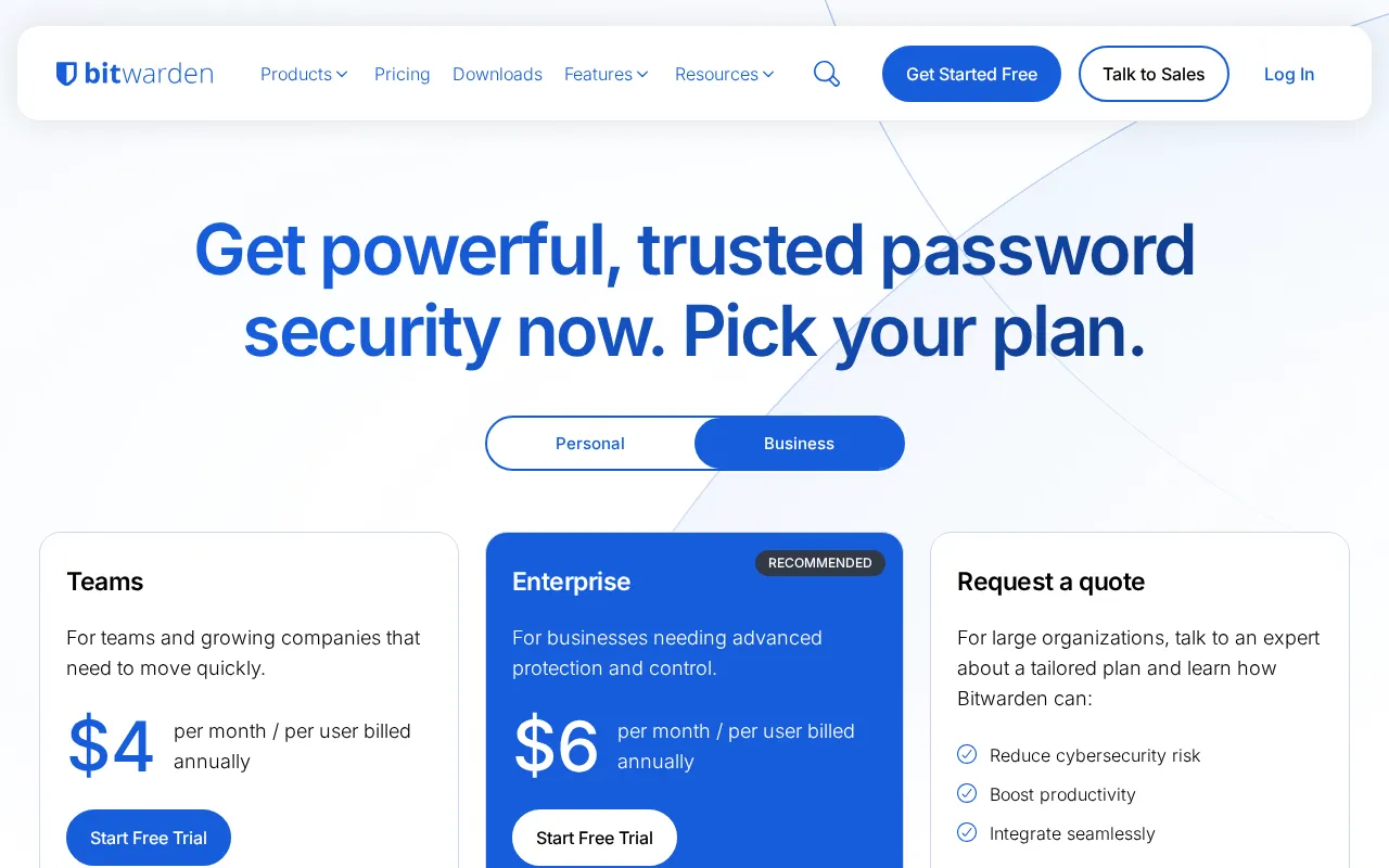 Bitwarden — pricing page