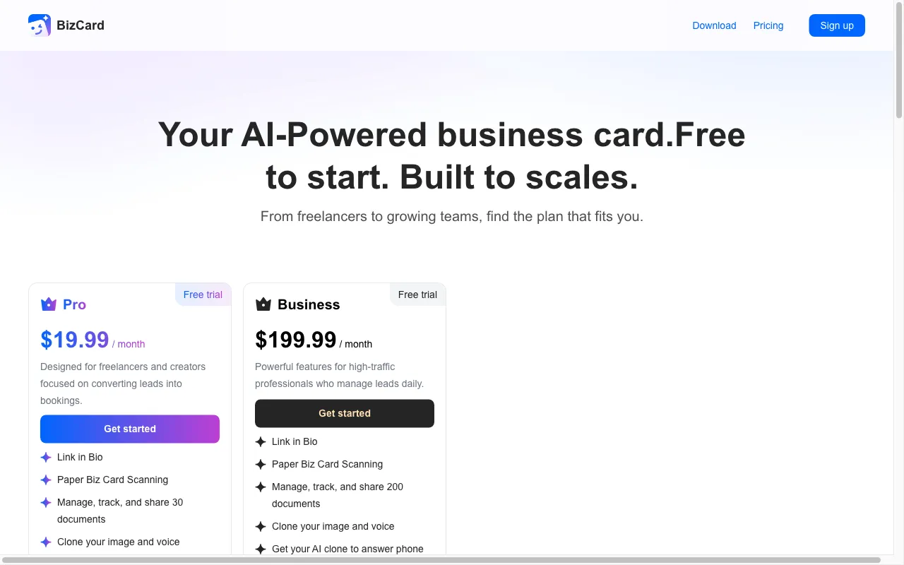 BizCard — pricing page