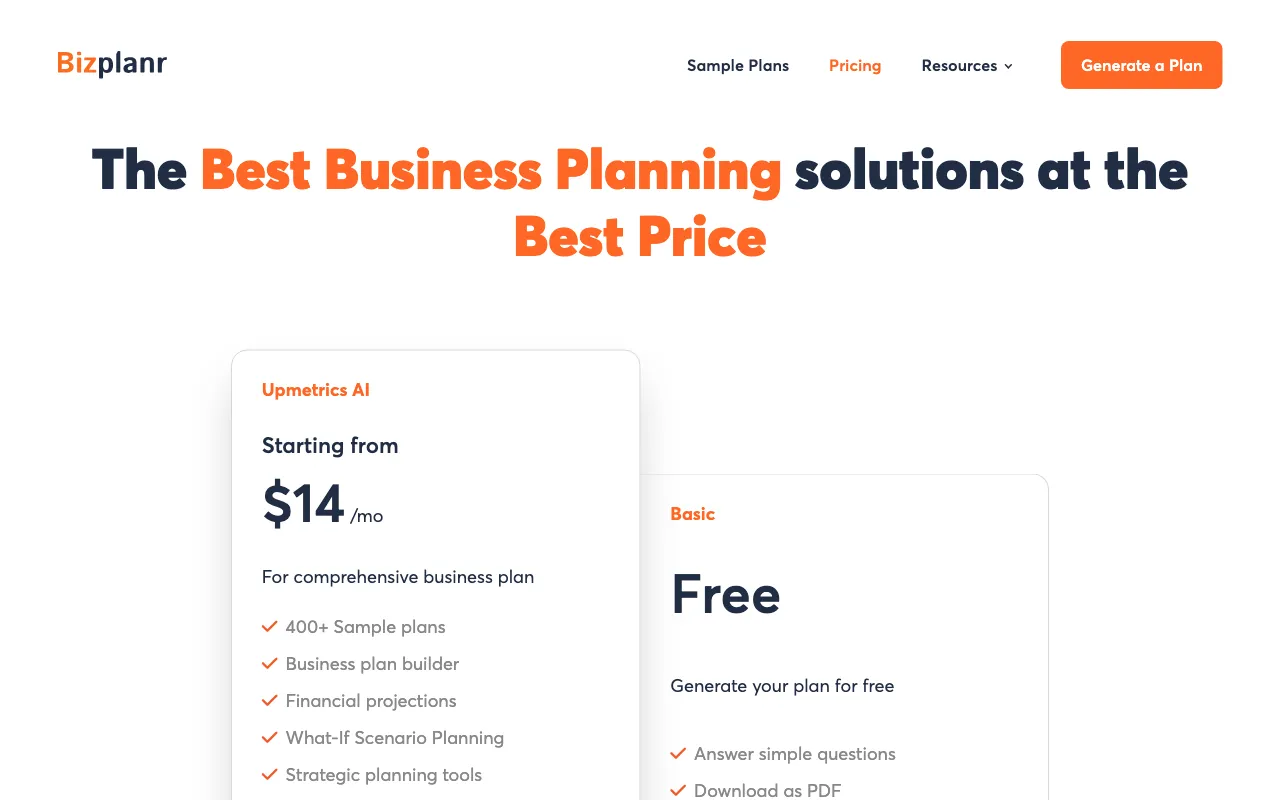 BizplanrAI — pricing page