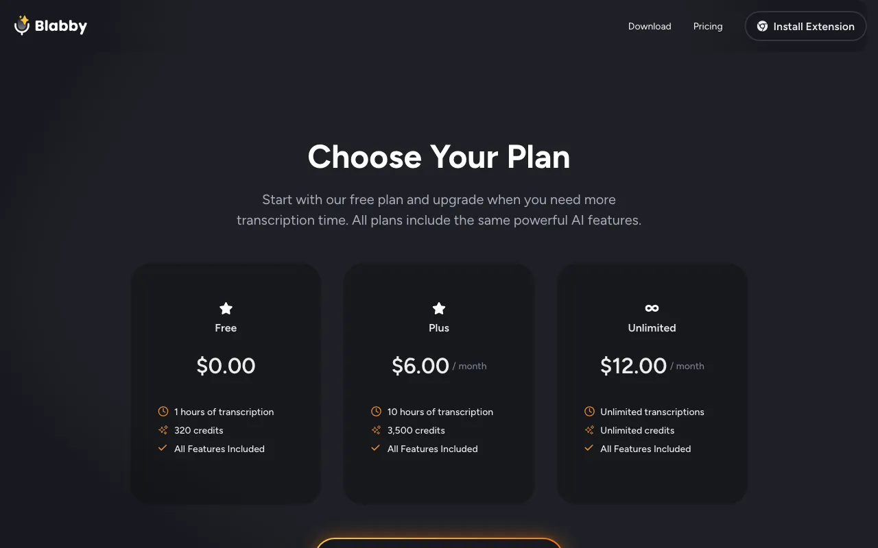 BlabbyAI Speech to text — pricing page