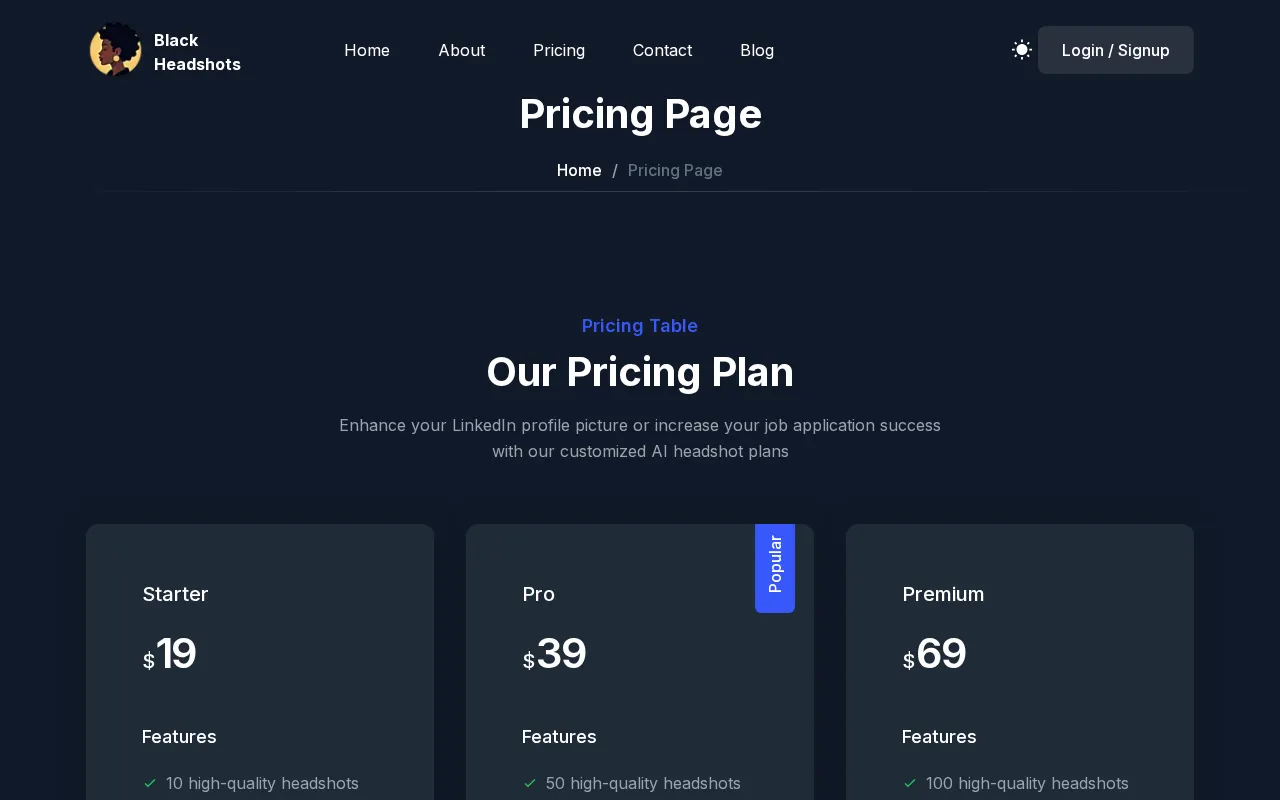 Black Headshots AI — pricing page