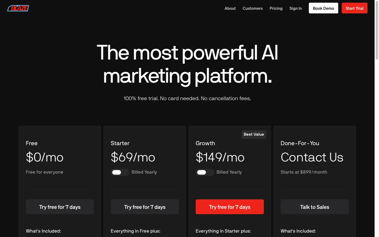Blaze — pricing page