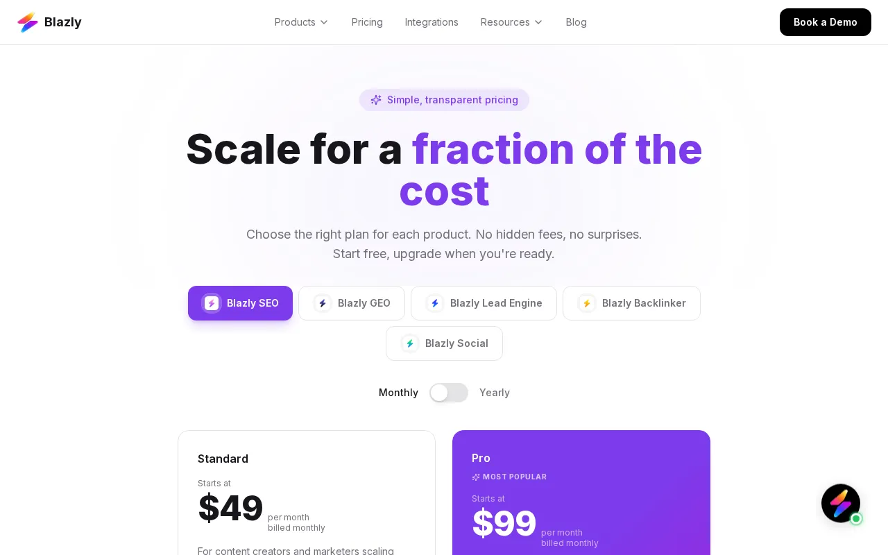 Blazly SEO — pricing page