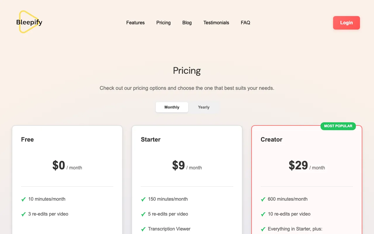 Bleepify — pricing page