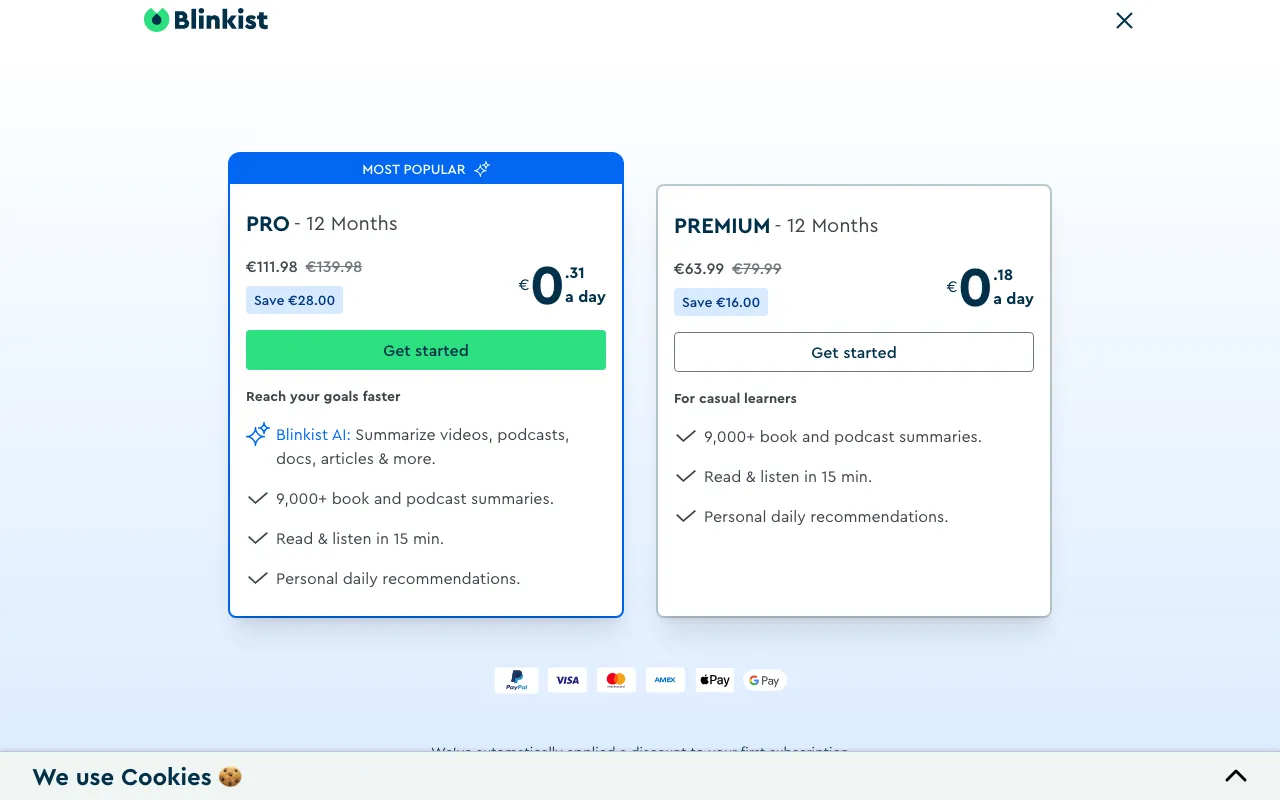 Blinkist — pricing page