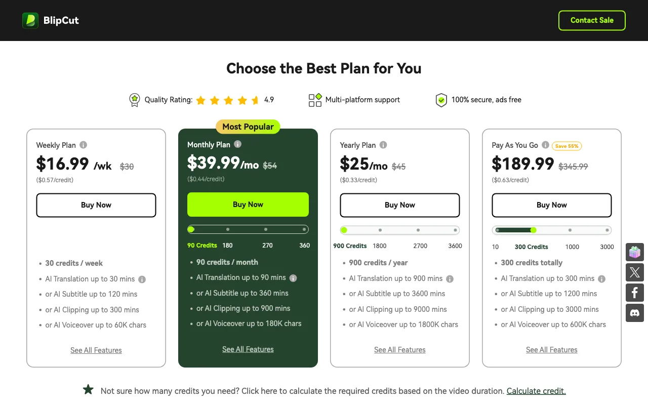 BlipCut AI Video Translator — pricing page