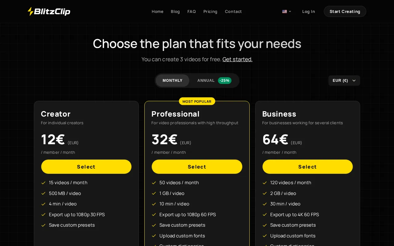 BlitzClip — pricing page