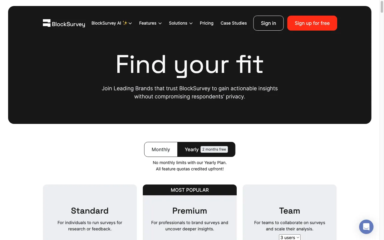 Block Survey — pricing page