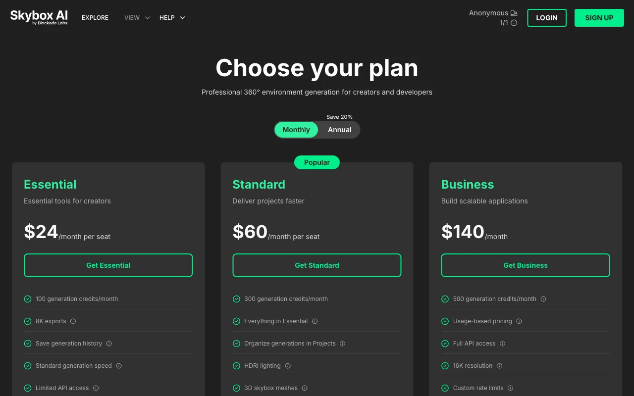 Skybox AI — pricing page