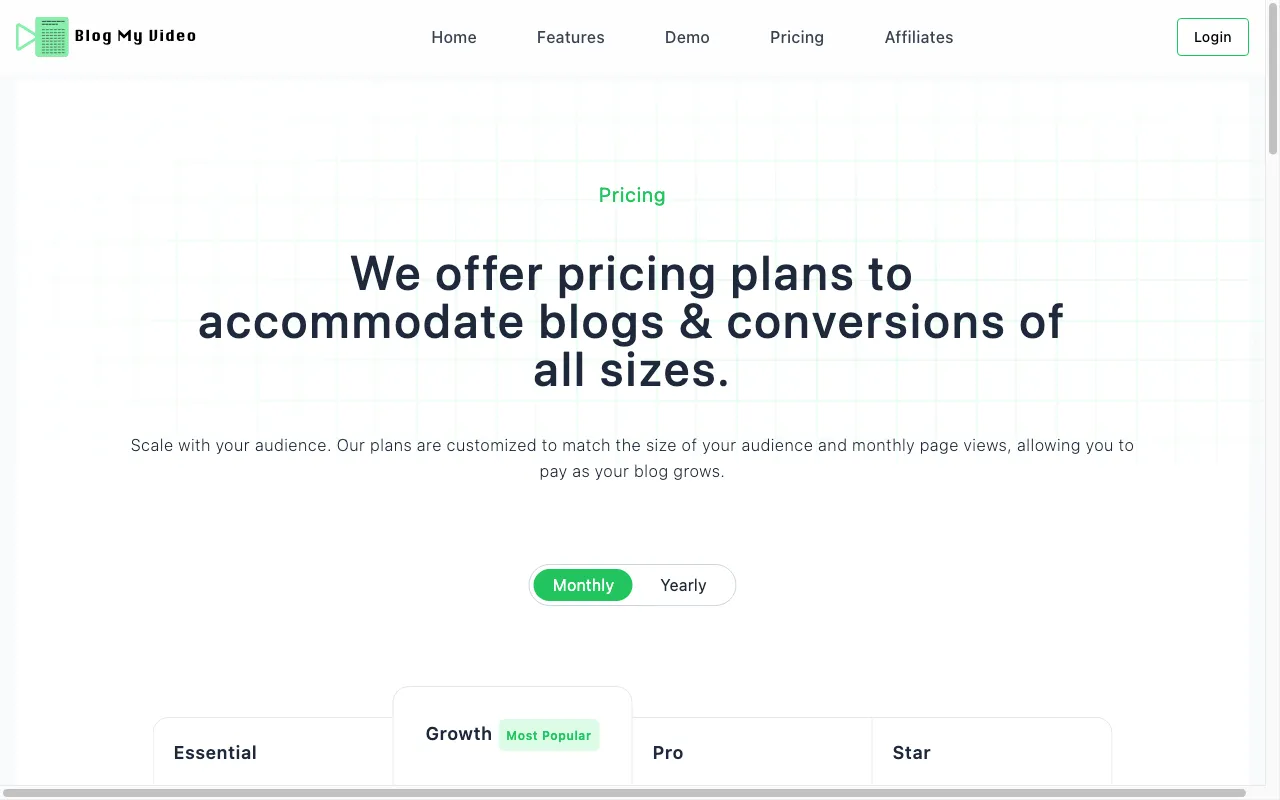 BlogMyVideo — pricing page