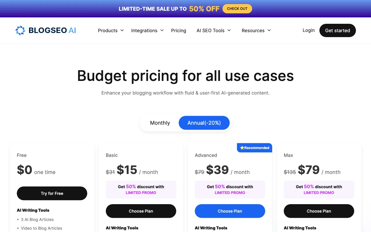 BlogSEO AI — pricing page