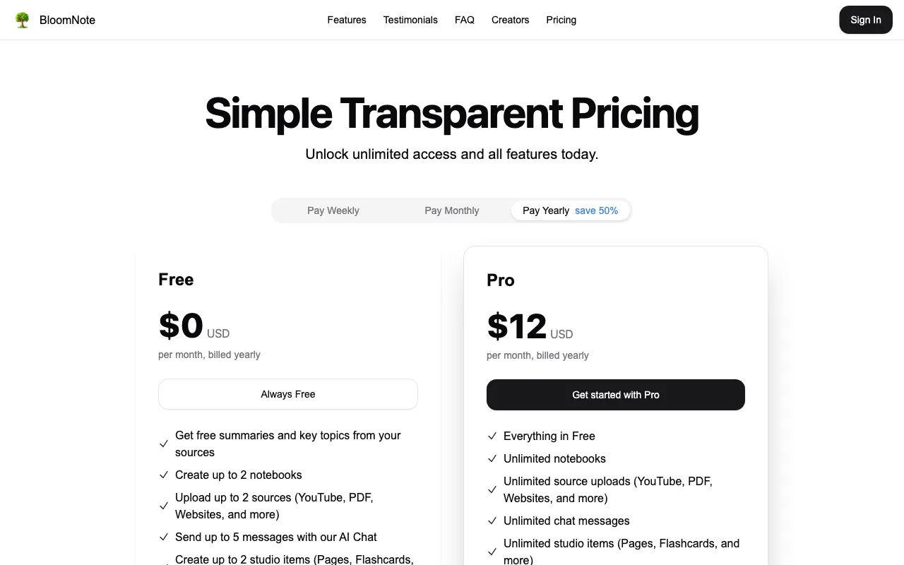 BloomNote — pricing page