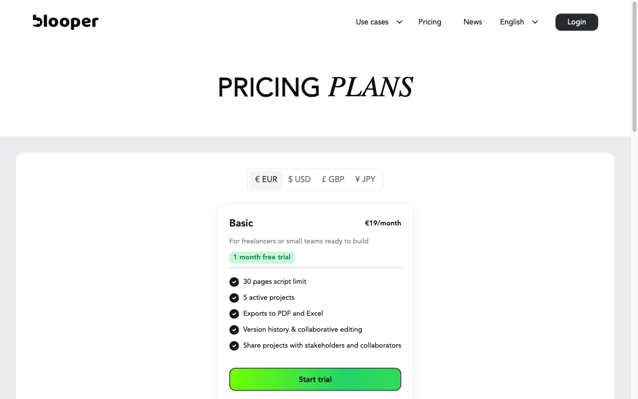Blooper — pricing page