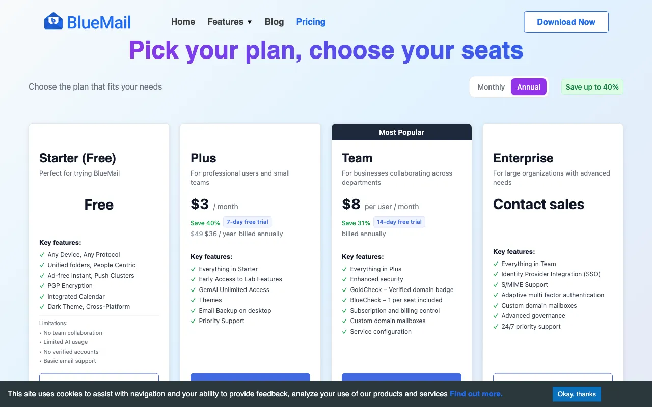 BlueMail — pricing page