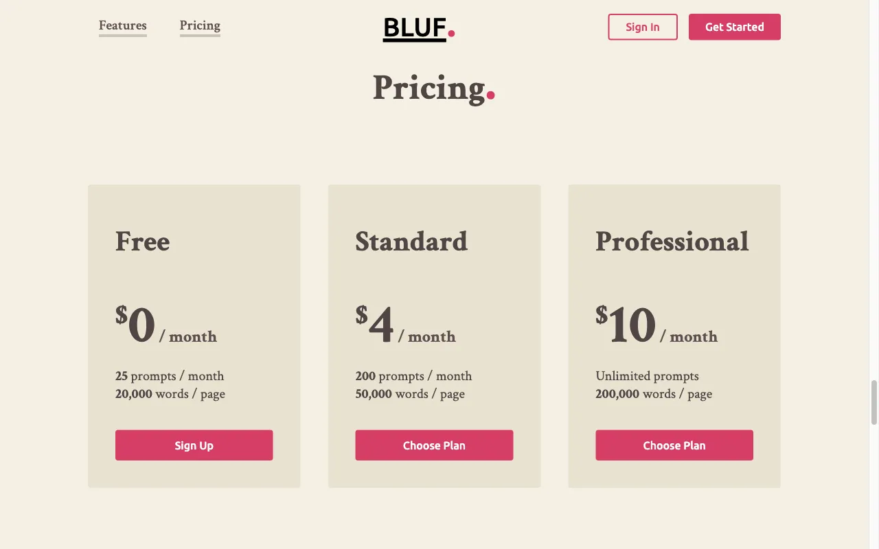 BLUF — pricing page