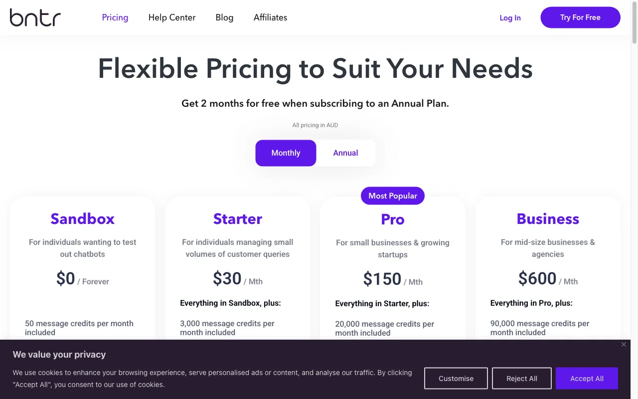 bntr Chat — pricing page