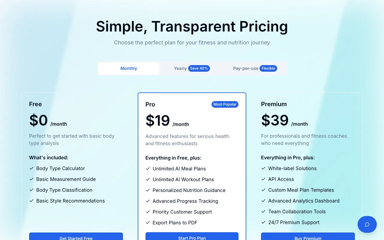 Find Your Body Shape Easily — pricing page