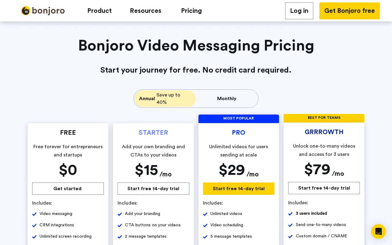 Bonjoro — pricing page