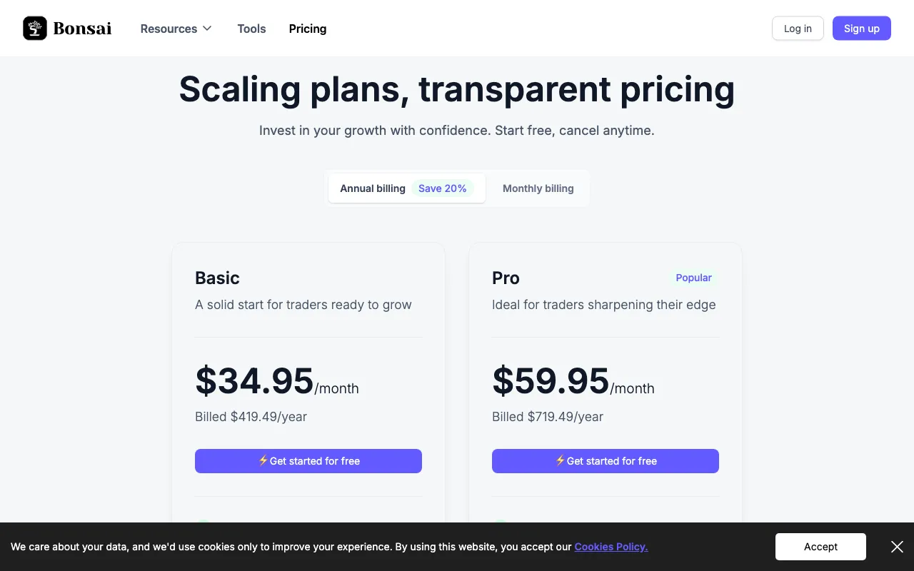 bonsai.trade — pricing page