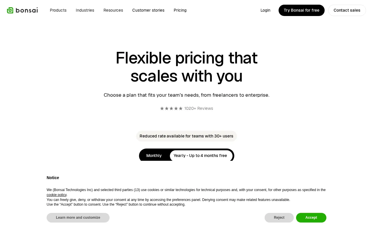Bonsai — pricing page