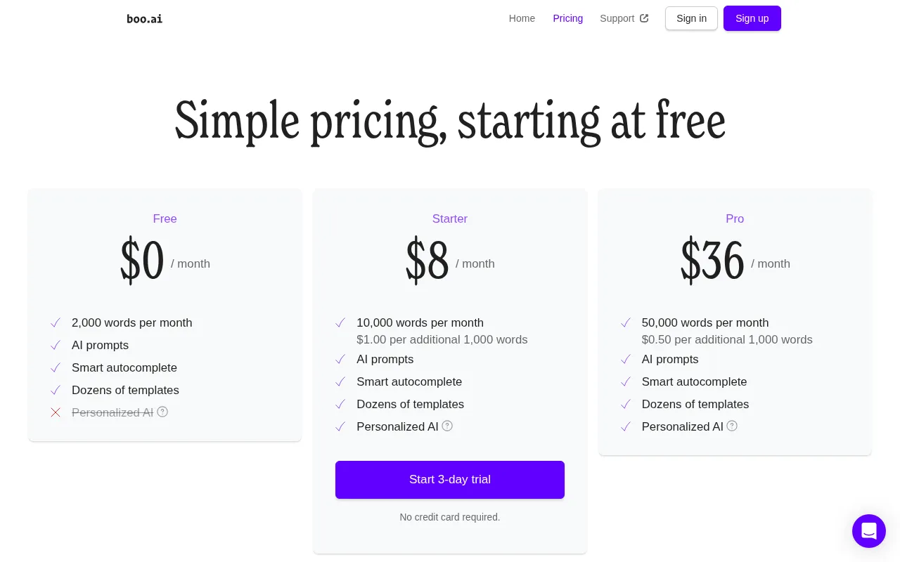 boo.ai — pricing page