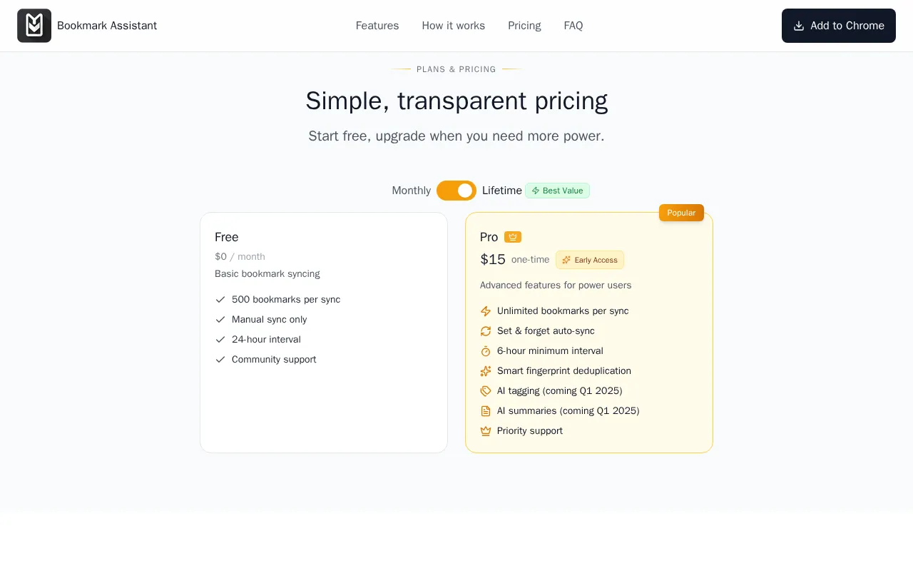 Bookmark Assistant — pricing page
