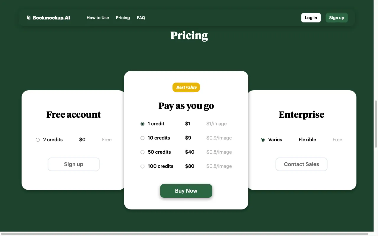 Bookmockup.AI — pricing page