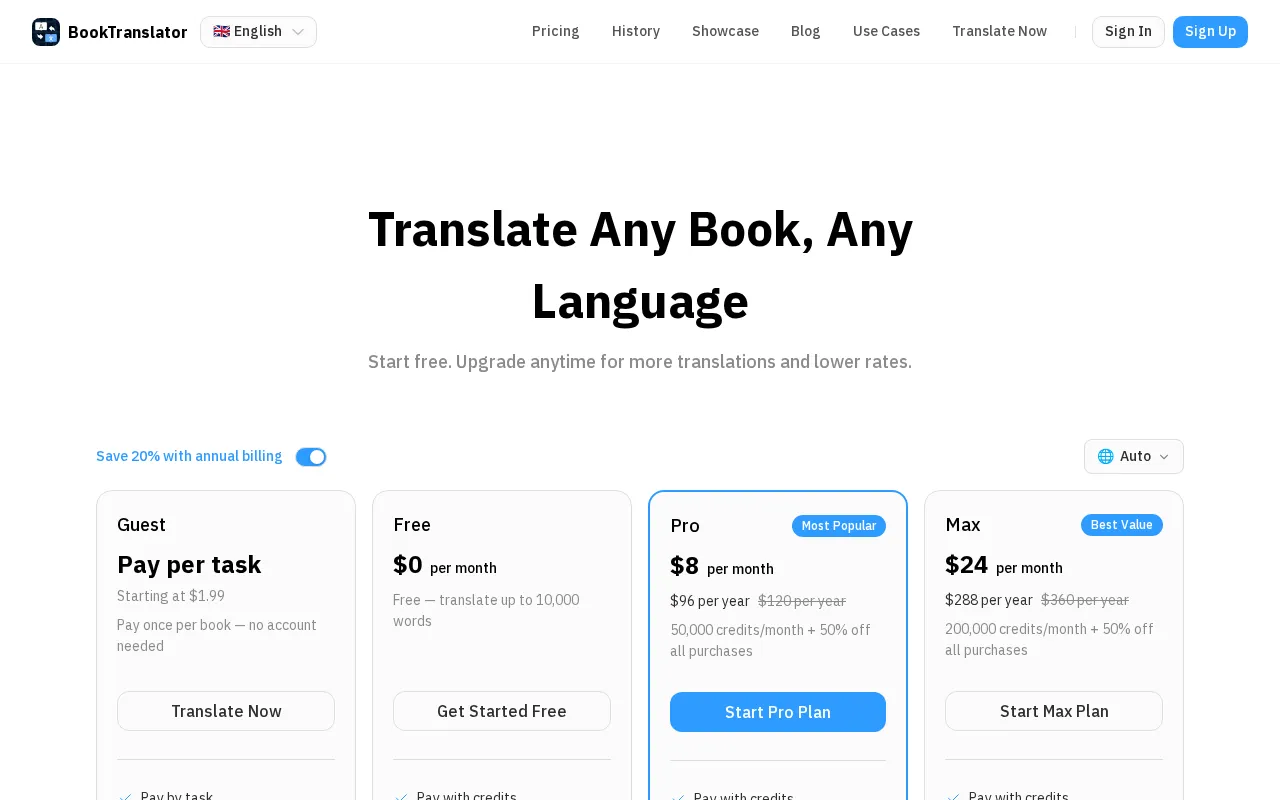 BookTranslator — pricing page
