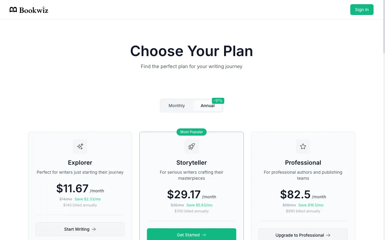 Bookwiz — pricing page