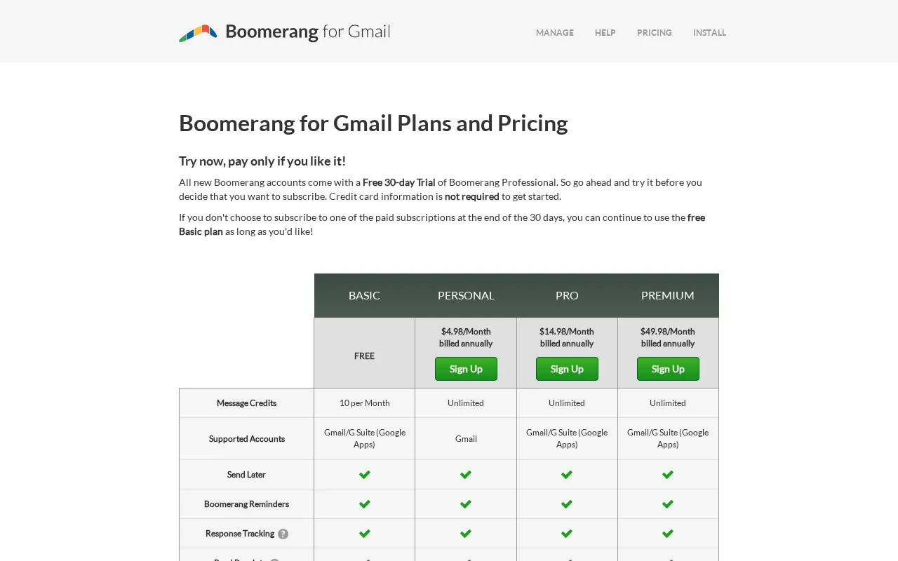 Boomerang for Gmail — pricing page