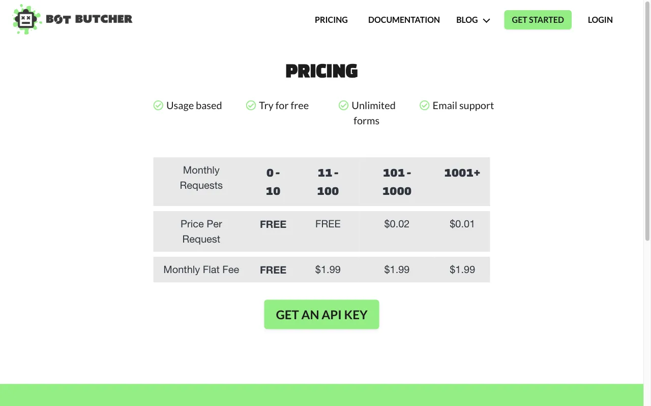 Bot Butcher — pricing page