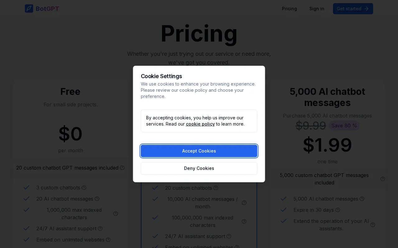 BotGPT — pricing page