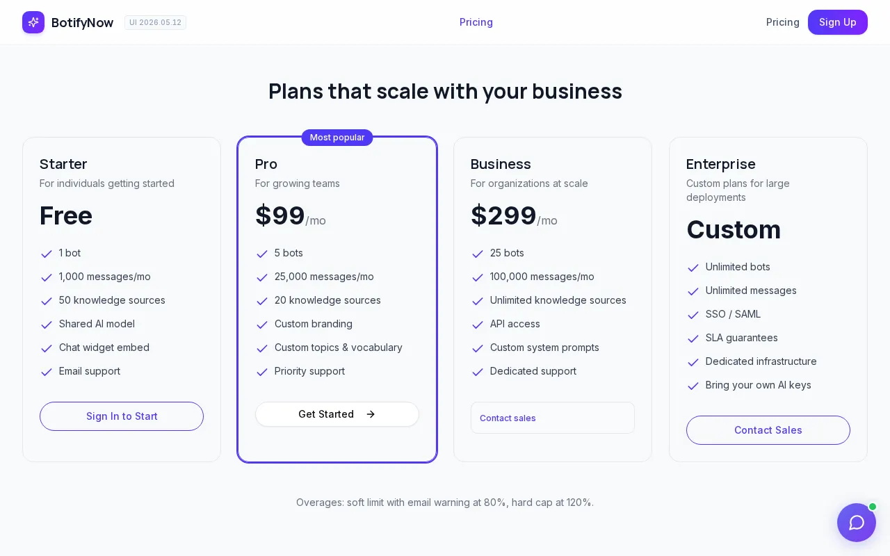 BotifyNow — pricing page