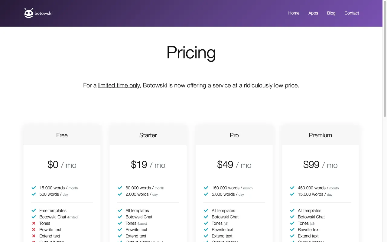 Botowski — pricing page