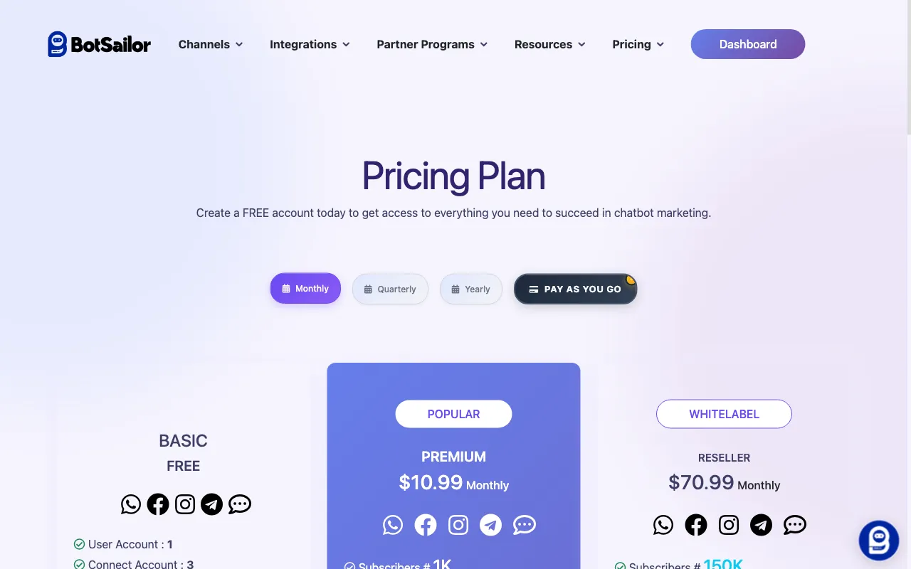 BotSailor — pricing page