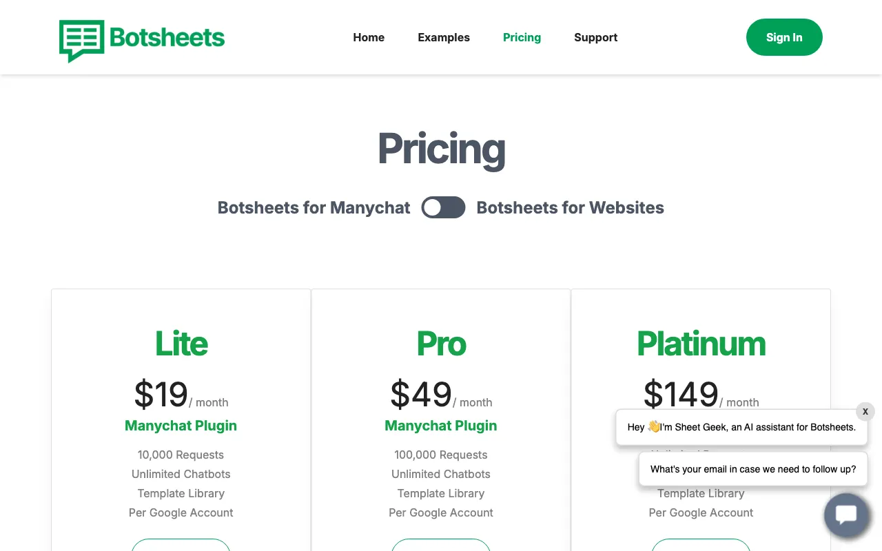 Botsheets AI Writer — pricing page