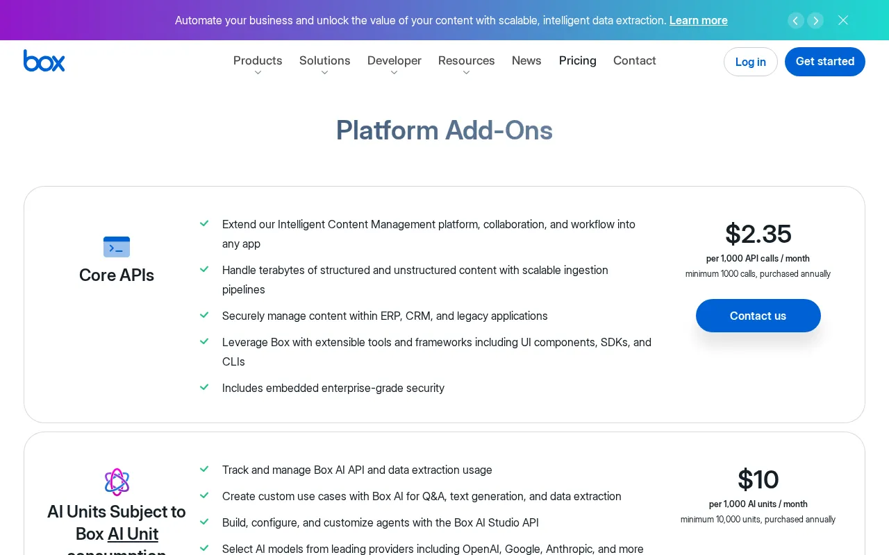 Box — pricing page