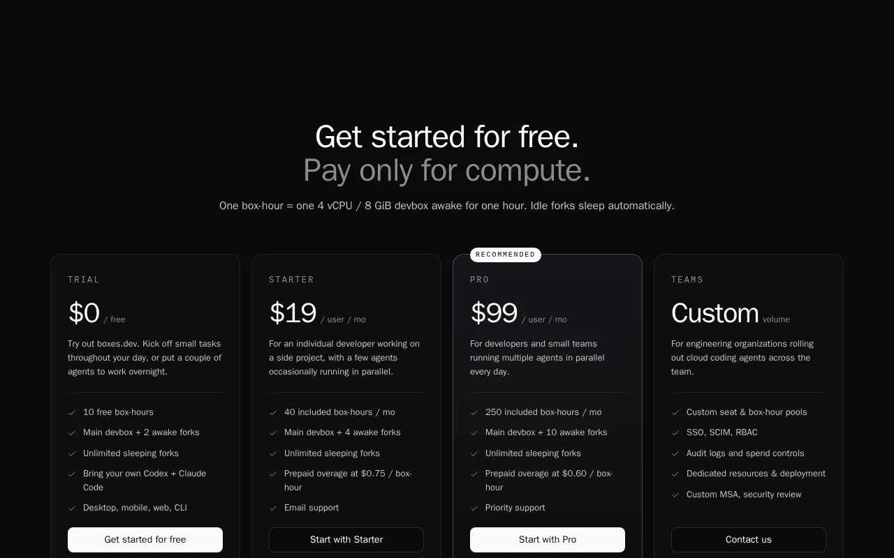 Boxes.dev — pricing page