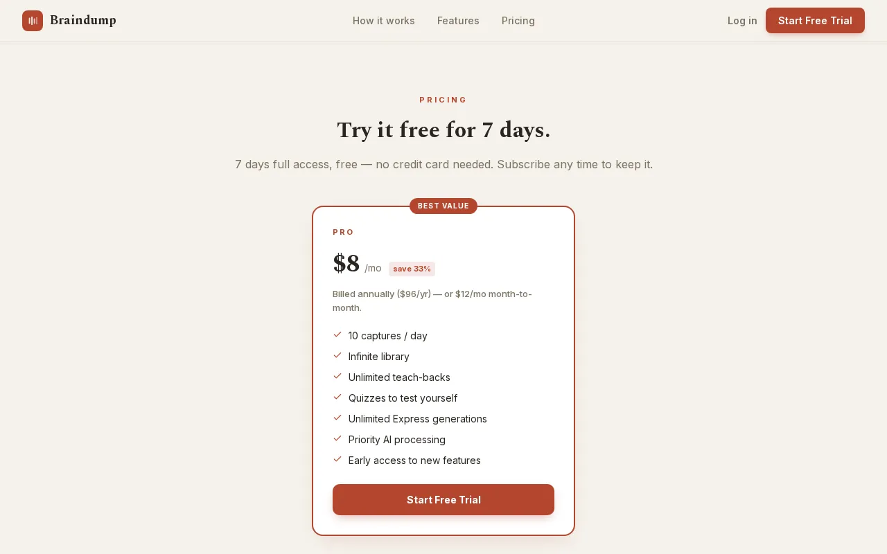 Braindump — pricing page