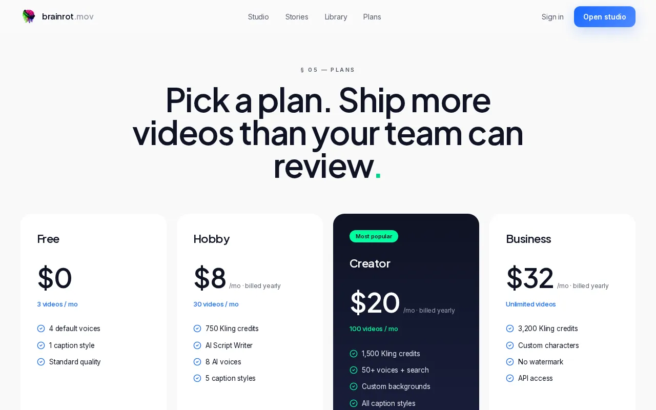 Brainrot.mov — pricing page