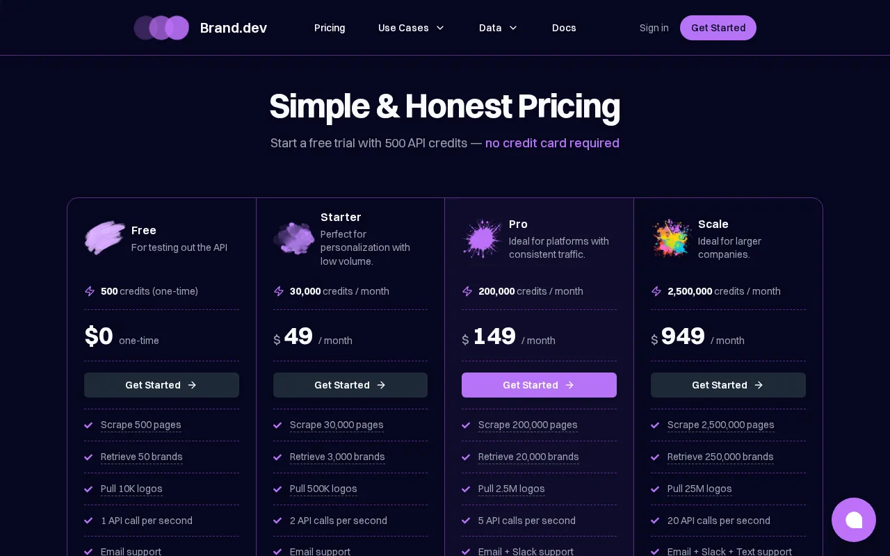 Brand.dev — pricing page