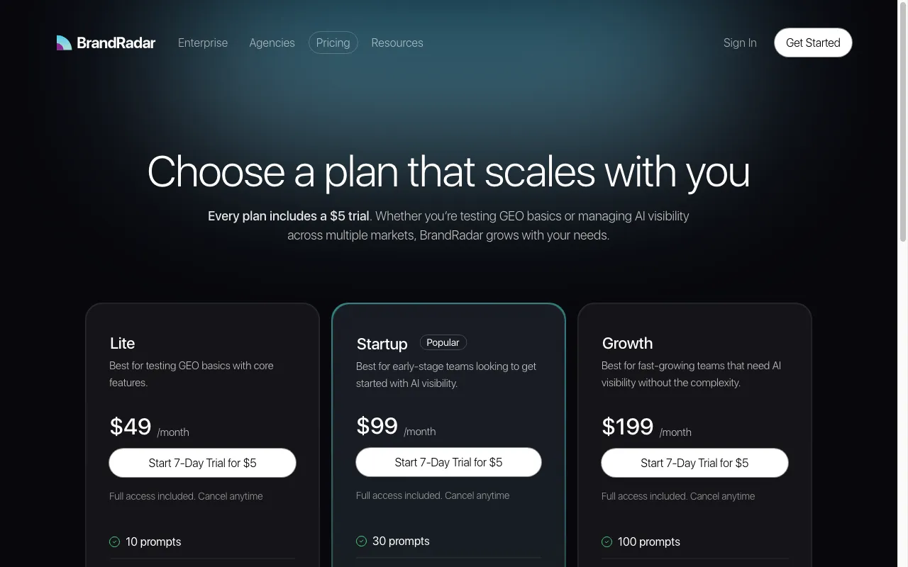 BrandRadar — pricing page