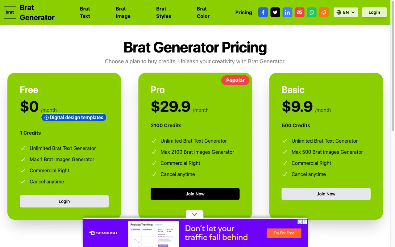 Brat Generator — pricing page