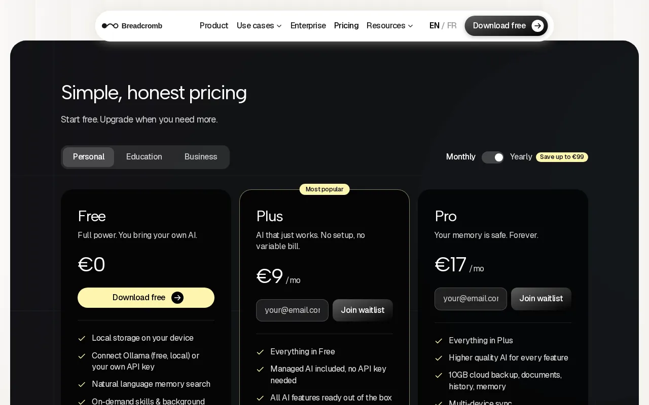 Breadcromb — pricing page