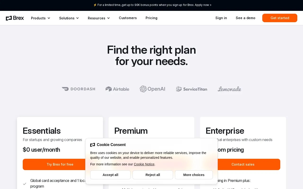 Brex — pricing page
