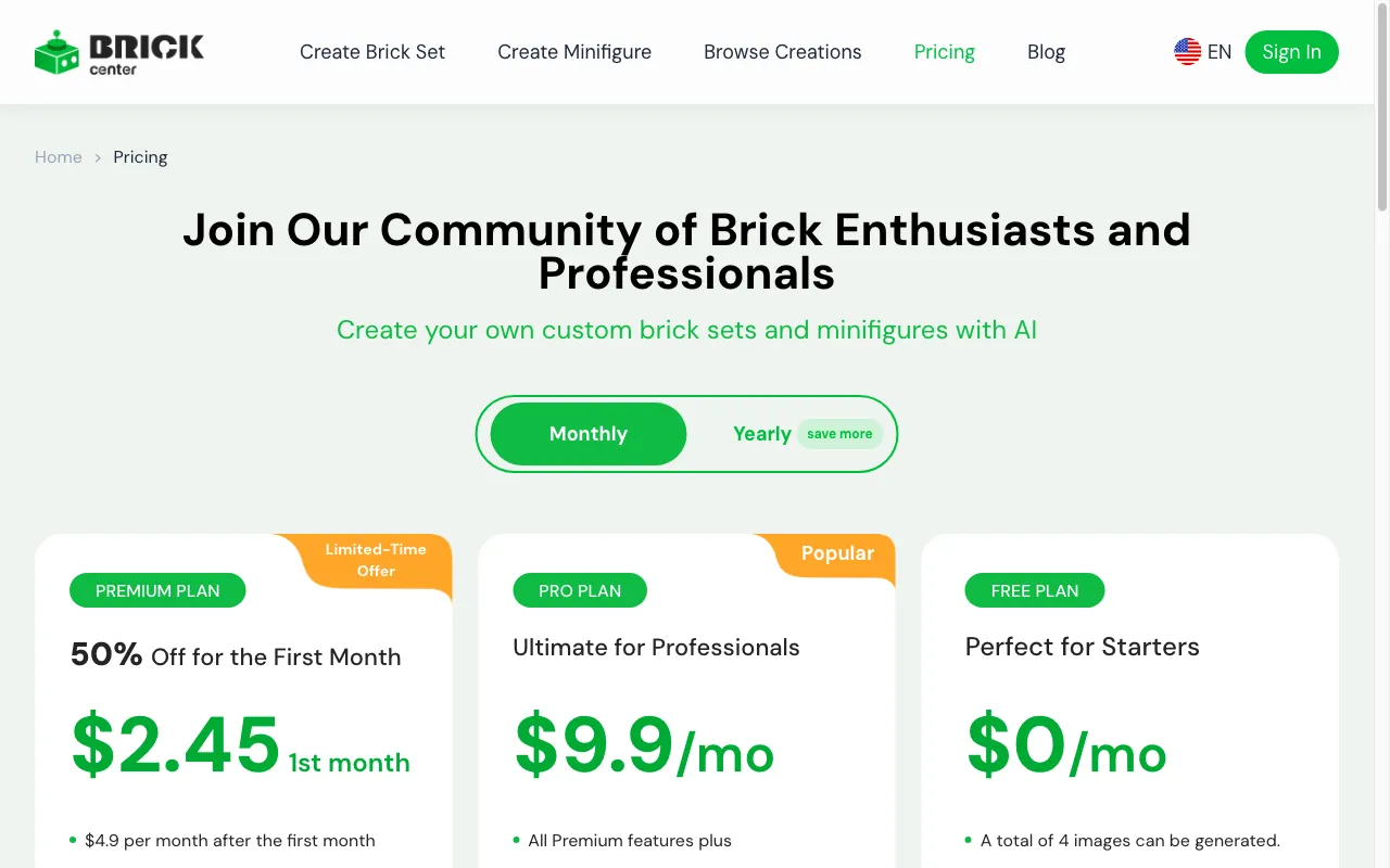 BrickCenter — pricing page